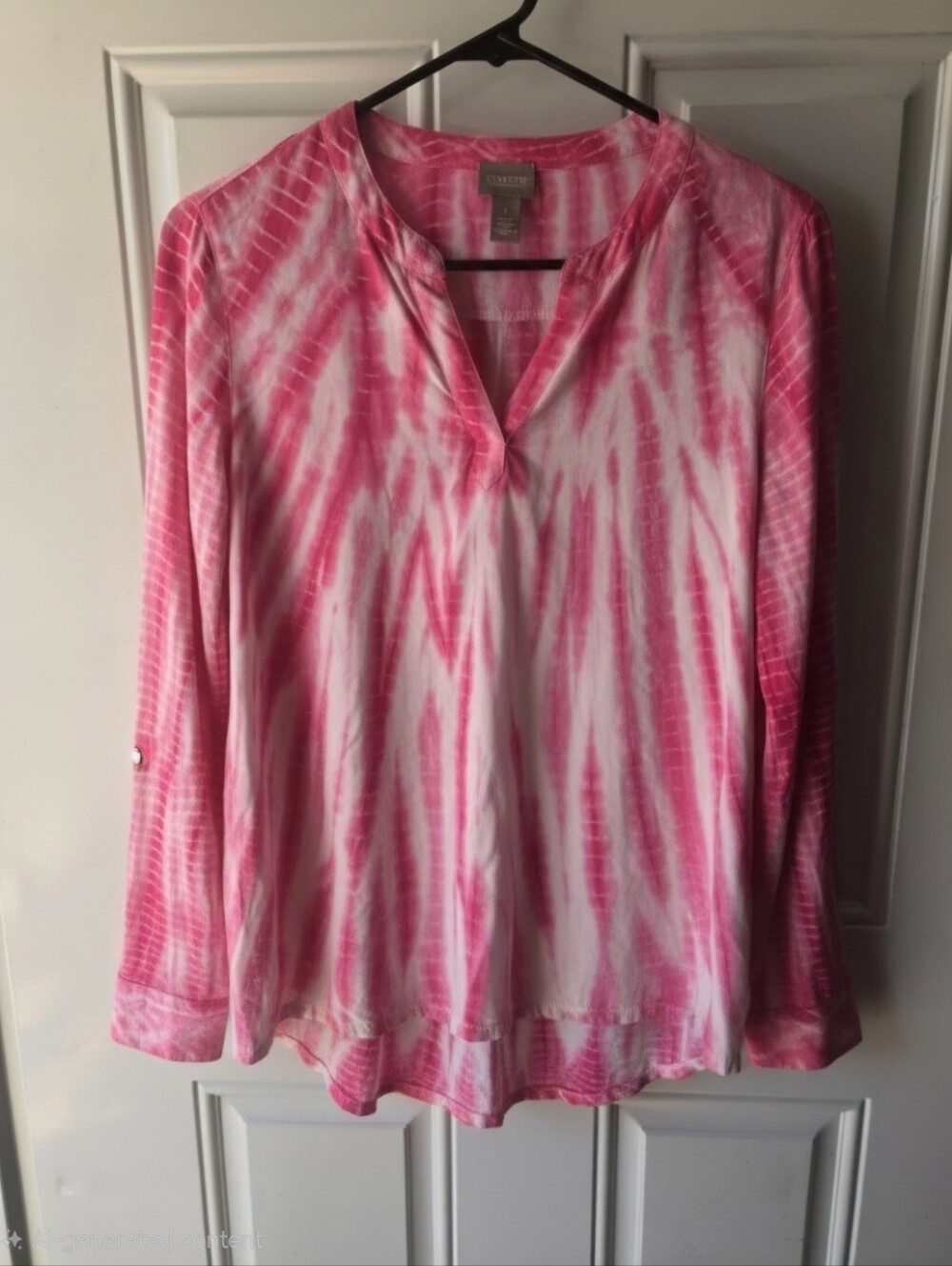 Chico's Pink White Tie-Dye Split Neck Long Sleeve Tunic Blouse Size Medium 8-10